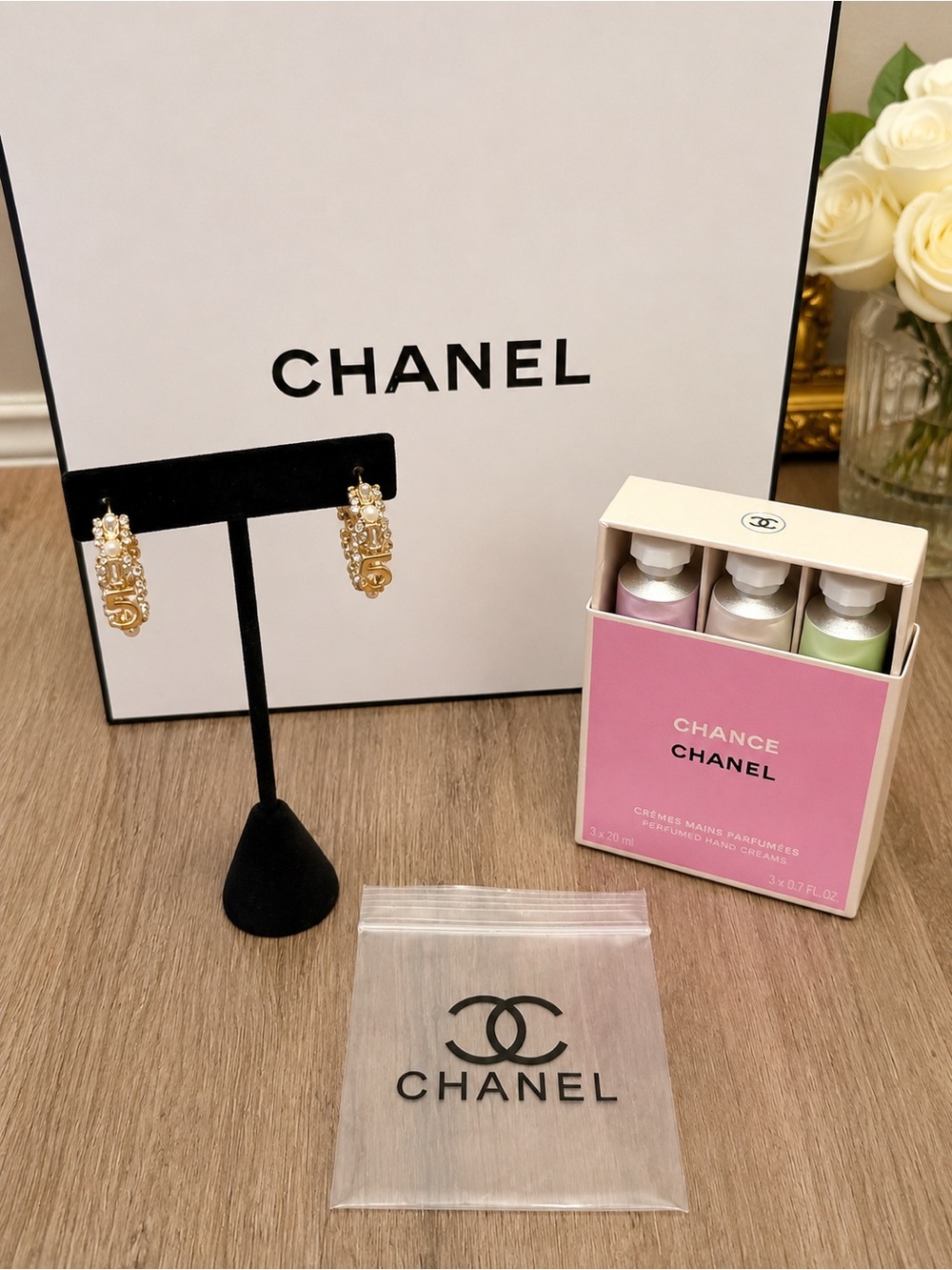 CHANEL Chance Travel Lotion Set and Gold Tone
Fashion Earrings